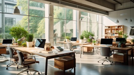 Concrete walls modern work office, wooden deck in a clean and bright environment. Generative AI