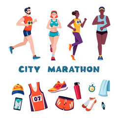marathon accessories, characters. sport shoes, drink, t shirt, watches, people running, fitness men and runners. vector cartoon set on the topic of sport marathon.