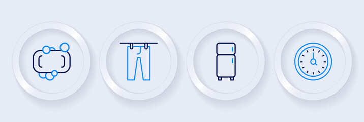 Set line Clock, Refrigerator, Drying clothes and Bar of soap icon. Vector