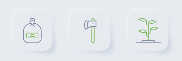 Set line Sprout, Wooden axe and Pack full of seeds icon. Vector