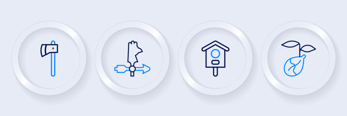 Set line Sprout, Bird house, Rooster weather vane and Wooden axe icon. Vector