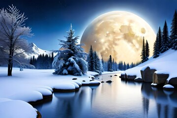 Wonderful view of a winter scene at night with full moon