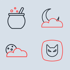 Set line Moon and stars, Black cat and Halloween witch cauldron icon. Vector