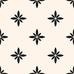 Simple vector floral seamless pattern. Abstract monochrome geometric ornamental texture with flower silhouettes. Black and white simple ornament in oriental style. Elegant background. Repeat design