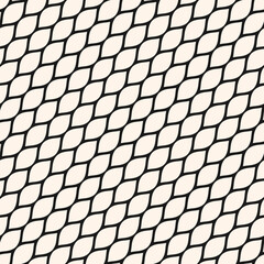 Diagonal mesh seamless pattern. Simple vector black and white geometric texture. Monochrome illustration of wavy net, lattice, grid, mesh structure. Abstract minimal background. Repeat geo design