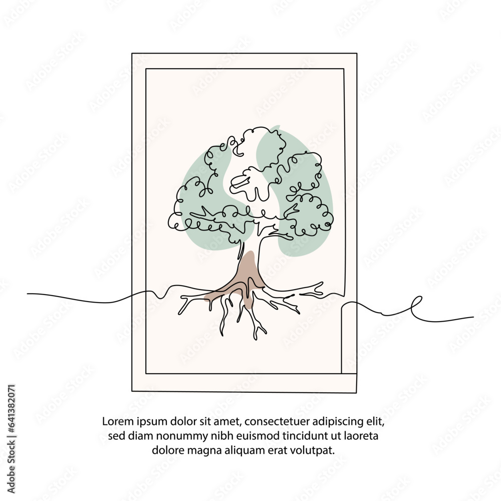 Poster one line tree poster drawing with frame. abstract minimal continuous line wall decor.