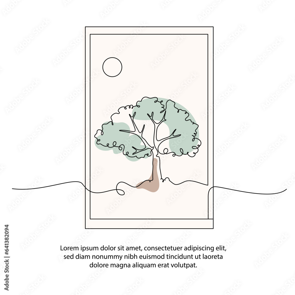 Poster one line tree poster drawing with frame. abstract minimal continuous line wall decor.