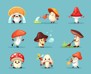 mushrooms character set. baby mushrooms in different poses, emotions, toadstools, honey mushrooms. vector cartoon characters set.