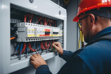 Electrician engineer tests electrical installations and wires on relay protection system. Adjustment of scheme of automation and control of electrical equipment. Generative AI