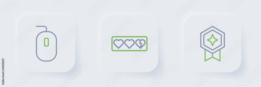 Poster set line game rating with medal, life bar and computer mouse icon. vector