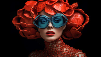 Vibrant color portrait of beautiful fashion model in haute couture designer clothing and dynamic makeup. Avante garde dresses with bold surrealistic concepts.