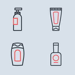 Obraz premium Set line Cream or lotion cosmetic tube, Bottle of shampoo, nail polish and icon. Vector