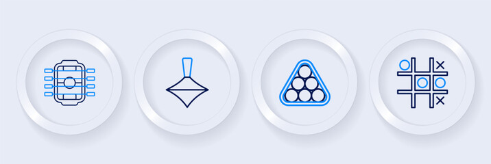 Set line Tic tac toe game, Billiard balls in triangle, Whirligig toy and Table football icon. Vector