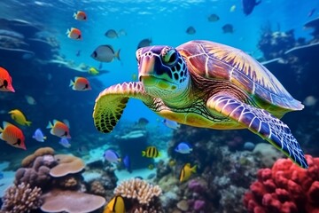 Fototapeta na wymiar A swimming turtle amidst a coral reef
