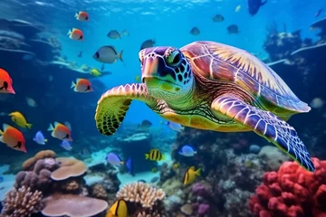 Fotobehang  A swimming turtle amidst a coral reef © Mateusz