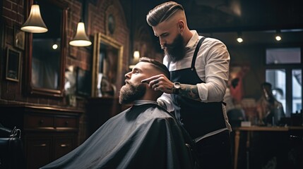 Professional barber styling hair of his client. Generative AI