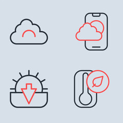 Set line Weather forecast app, Sunset, Thermometer and Cloud icon. Vector
