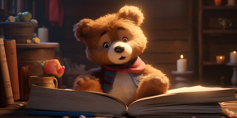 Beautiful original image with a cute teddy bear and books as an illustration of the end of childhood and the beginning of school