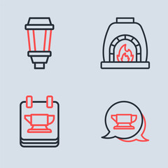 Set line Blacksmith oven, anvil tool, and Garden light lamp icon. Vector
