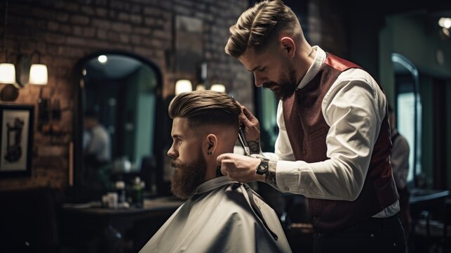 Professional barber styling hair of his client. Generative AI