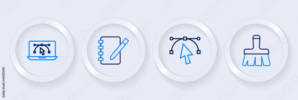 Poster set line paint brush, bezier curve, notebook and computer with design program icon. vector
