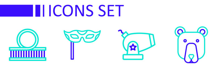 Set line Bear head, Cannon, Festive mask and Roller coaster icon. Vector