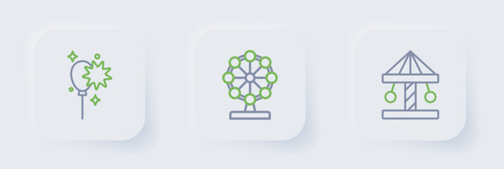 Set line Attraction carousel, Ferris wheel and Balloons with ribbon icon. Vector