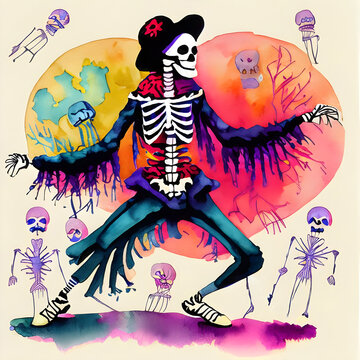 Watercolor Male Skeleton in Costume and Hat Dancing. Day of the Dead.