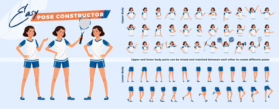 Sporty teenage, attractive brunette tomboy girl character easy pose constructor. Athletic woman in sportswear drag drop set, female coach body match, figure building. Vector cartoon construction kit