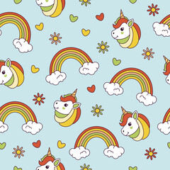 cute pattern with unicorn, rainbow and clouds