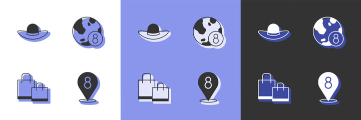 Set 8 March, Elegant women hat, Paper shopping bag and International Women Day icon. Vector