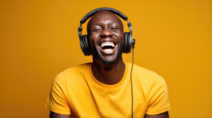 Young man laughs against a yellow background.
