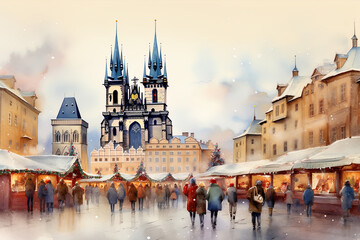 Prague, Czech Republic. Fairy tale winter night, Christmas decorated, waterwashed painting.