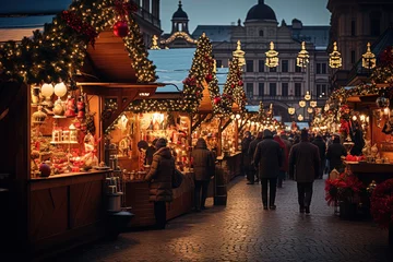 Gordijnen Prague, Czech Republic. Fairy tale winter night, Christmas decorated. © Elena