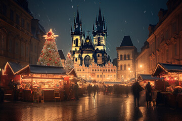 Prague, Czech Republic. Fairy tale winter night, Christmas decorated.