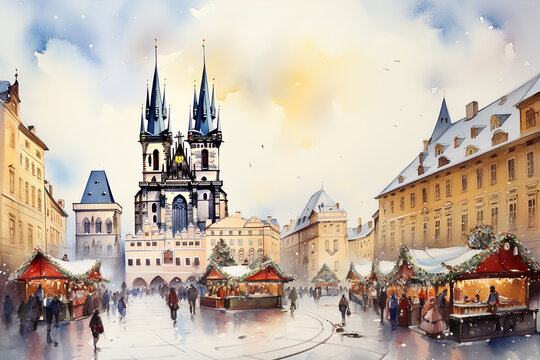 Prague, Czech Republic. Fairy tale winter night, Christmas decorated, waterwashed painting.