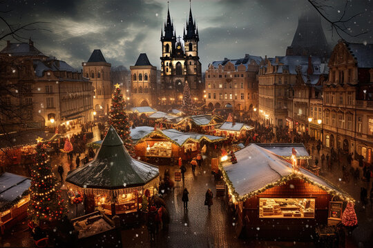 Fototapeta Prague, Czech Republic. Fairy tale winter night, Christmas decorated.