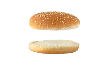 Sesame bun for burger top and bottom separated side view isolated transparent png. Round bread...