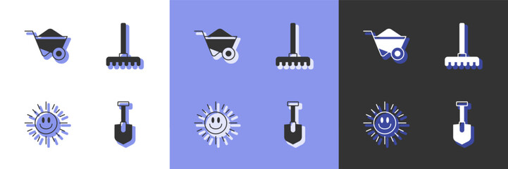Set Shovel, Wheelbarrow, Sun and Garden rake icon. Vector