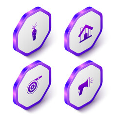 Set Isometric Carrot, Farm house, Garden hose and icon. Purple hexagon button. Vector