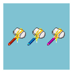 Pixel art sets of hammer weapons items asset. red,blue,and purple beautiful hammer on pixelated style.8bits perfect for game asset or design asset element for your game design asset.