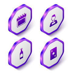 Set Isometric Calendar, Casino dealer, Bottle of wine and Playing card with spades symbol icon. Purple hexagon button. Vector