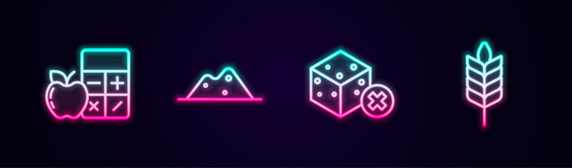 Set line Calorie calculator, Salt, No sugar free and Wheat. Glowing neon icon. Vector