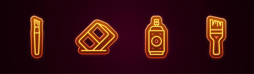 Set line Paint brush, Eraser or rubber, spray can and . Glowing neon icon. Vector