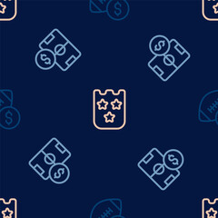 Set line American football betting money, Football and Lottery ticket on seamless pattern. Vector