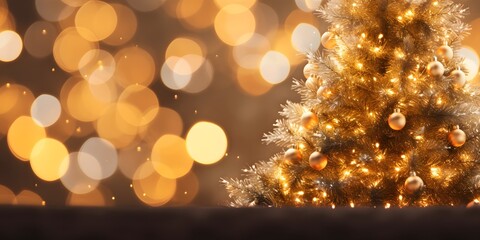 Christmas Tree With gold Baubles close-up against backdrop of golden sparkling Christmas lights. Wide format banner. Background with atmosphere of celebration and magic