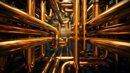 The system and network of gold-plated pipes. These pipes are connected to form a large system.
 - obrazy, fototapety, plakaty