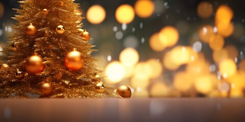 Obraz na płótnie Canvas Christmas Tree With gold Baubles close-up against backdrop of golden sparkling Christmas lights. Wide format banner. Background with atmosphere of celebration and magic