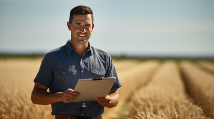Man farmer standing the field of wheat and using tablet computer. Agricultural concept.