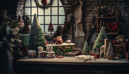 Photo of a festive Christmas table with presents and decorated trees